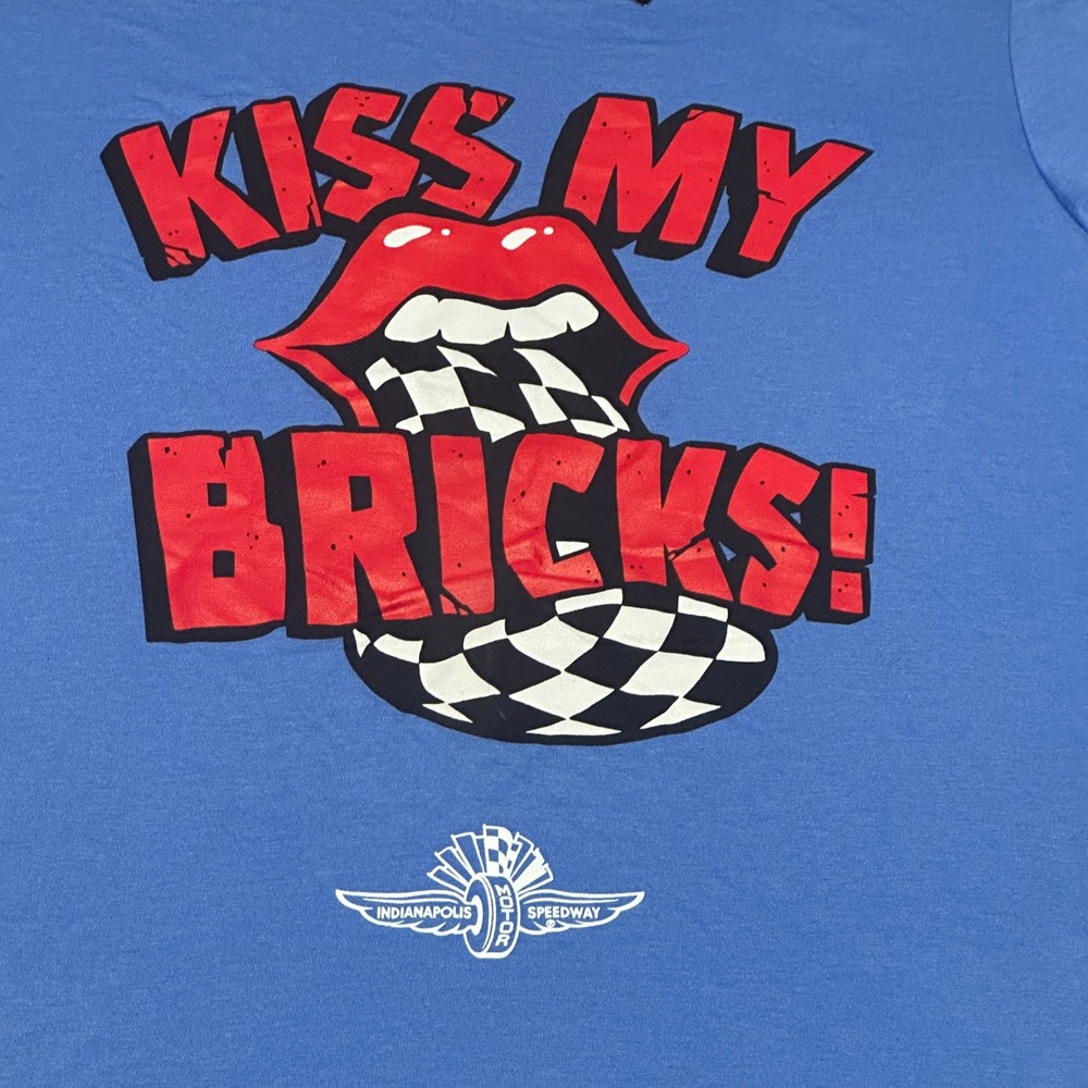 United State of Indiana Mens L Kiss My Bricks Graphic Tee Blue Indy 500 Racing - Picture 3 of 7